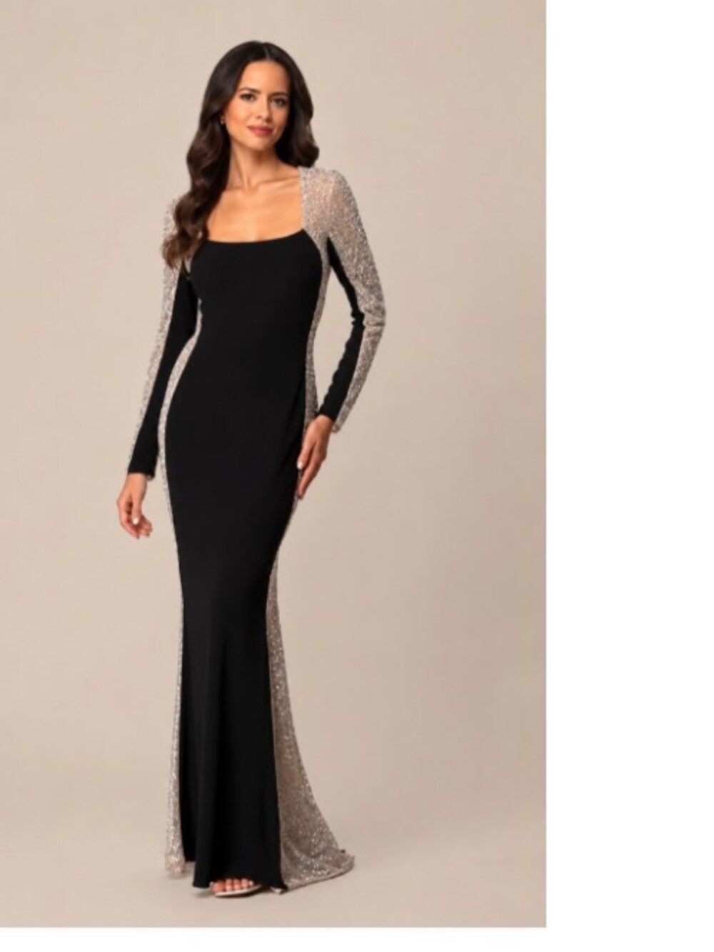 Xscape Full Length Evening Gown, Black, Nude and Silver embellishments